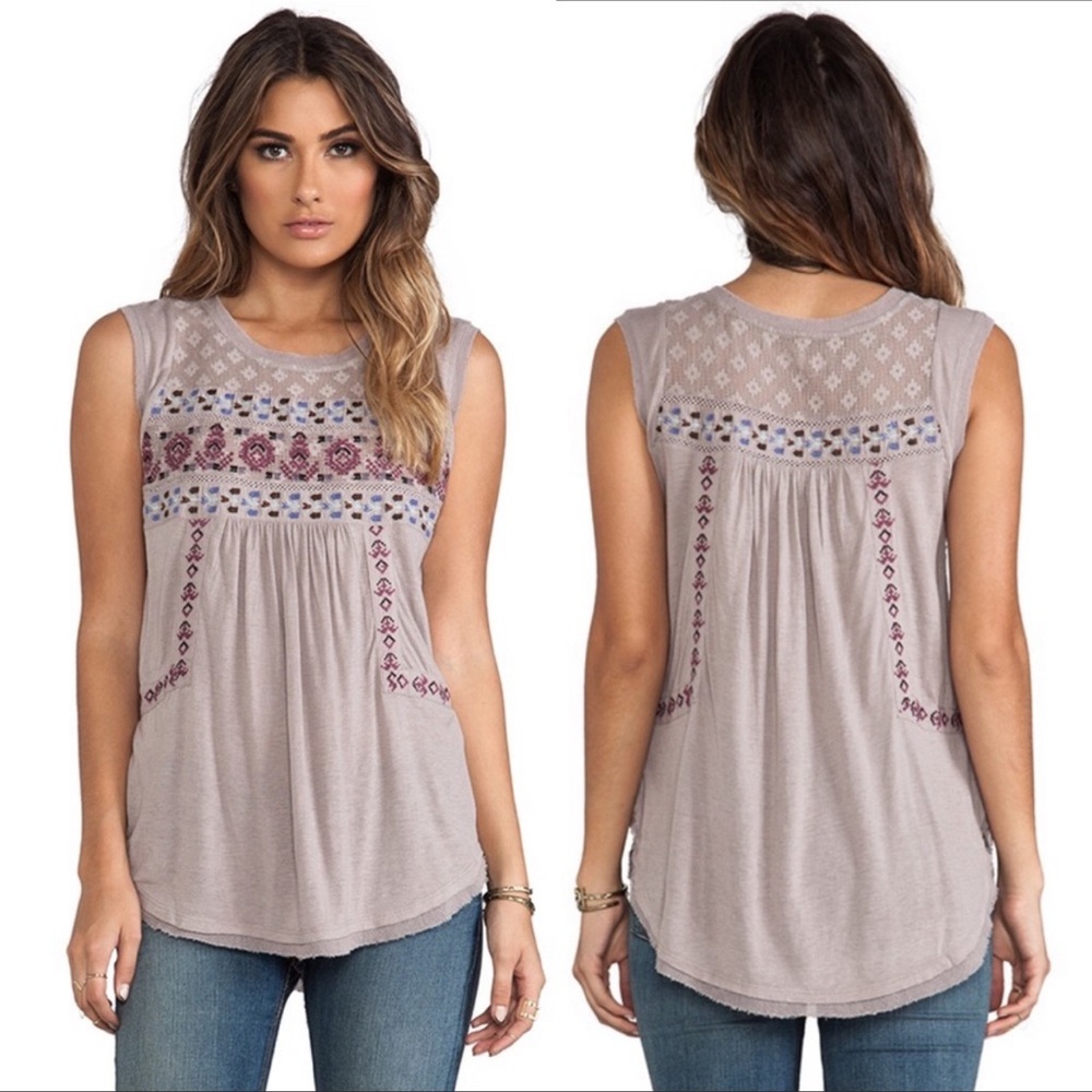 Free People Gray Embroidered Tank Top